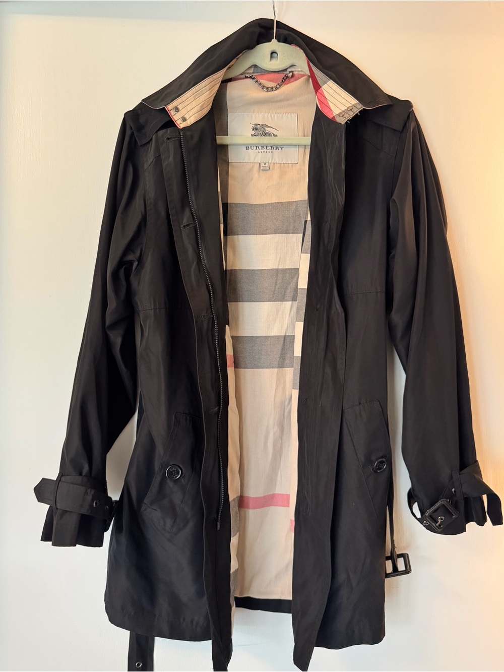 Burberry London Black Nova Check Lined Belted Trench Coat Jacket M